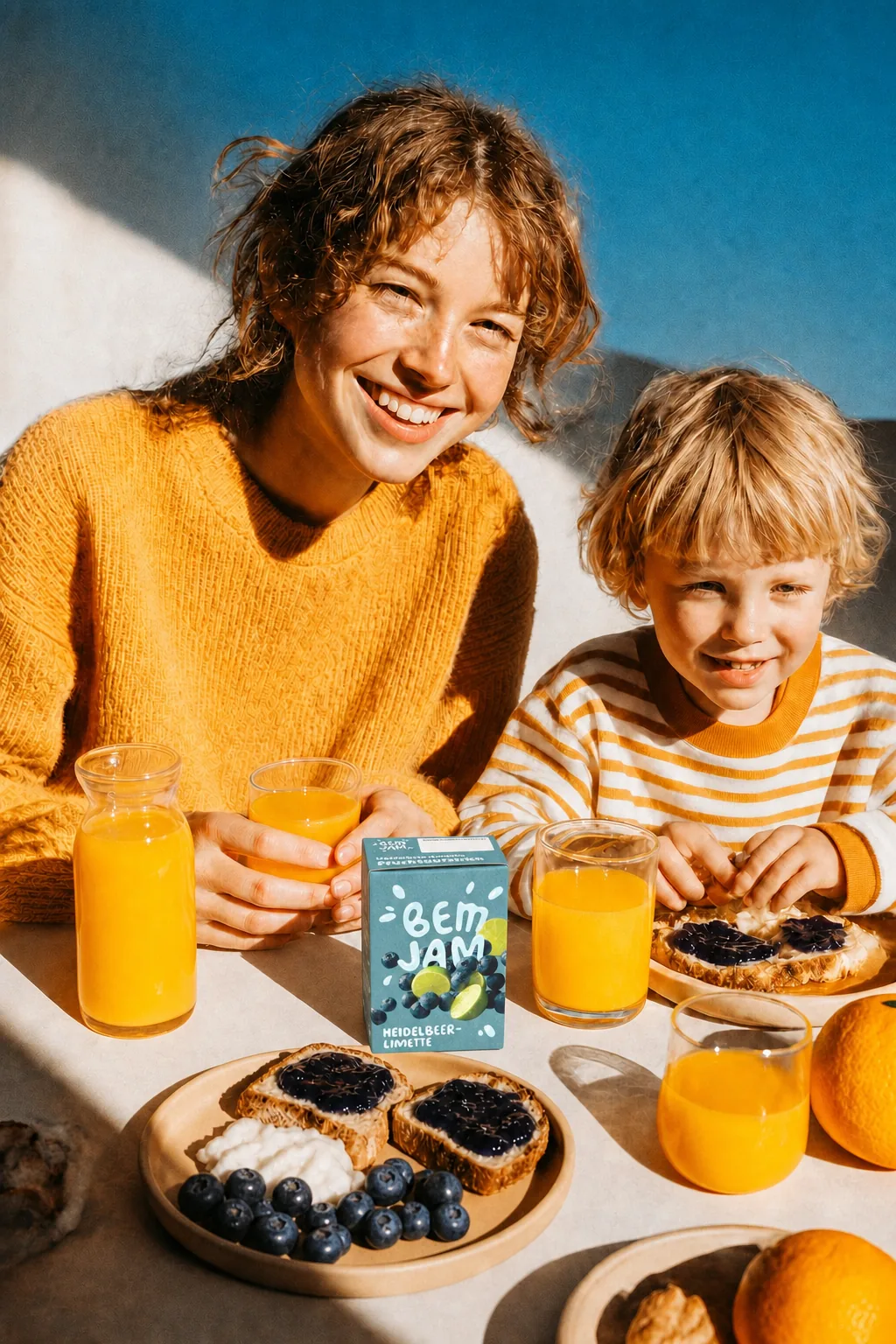 Frühstück mit Bem Jam Heidelbeer-Limette, Toast, Blaubeeren und Orangensaft