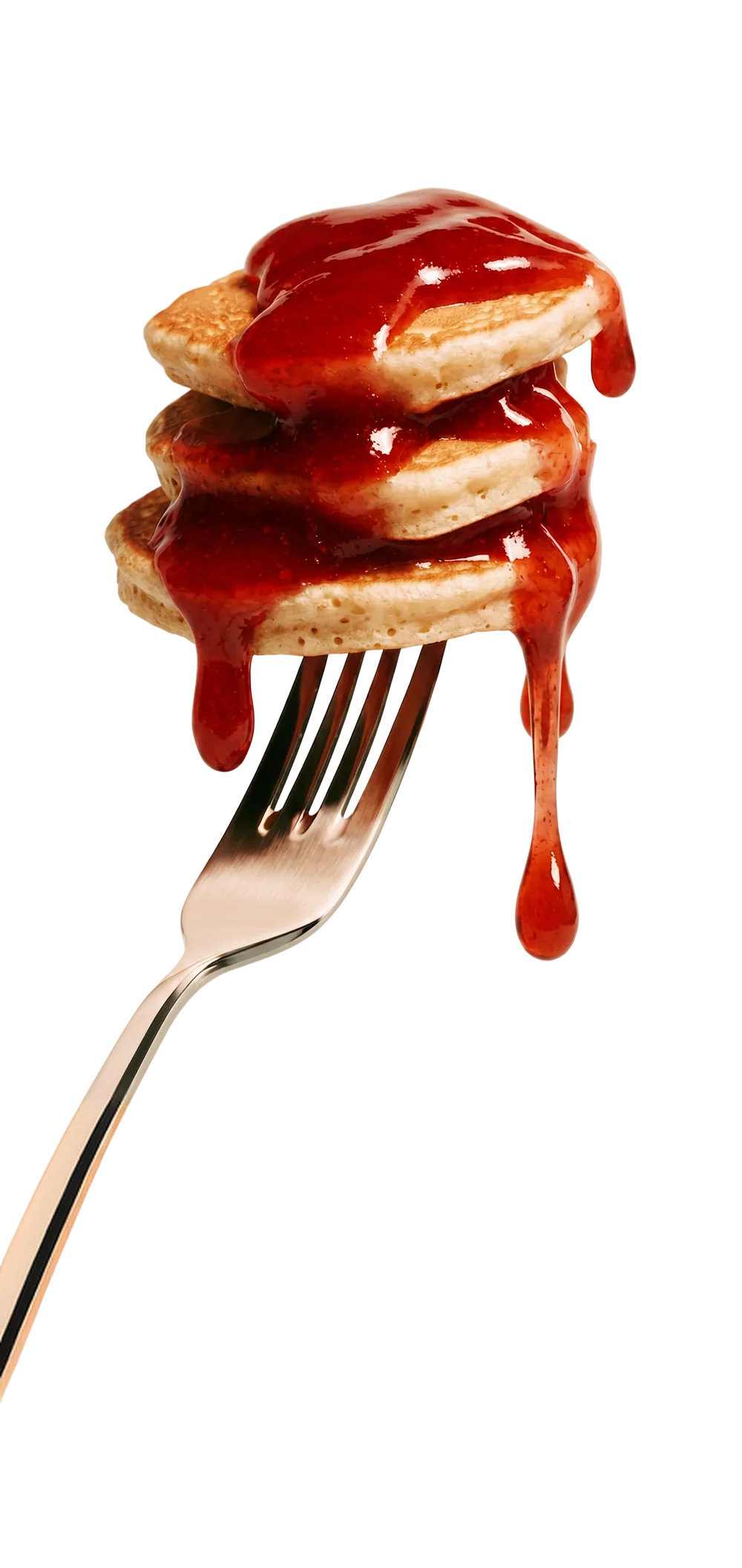 Pancake-Stapel mit Bem Jam Fruchtaufstrich auf einer Gabel