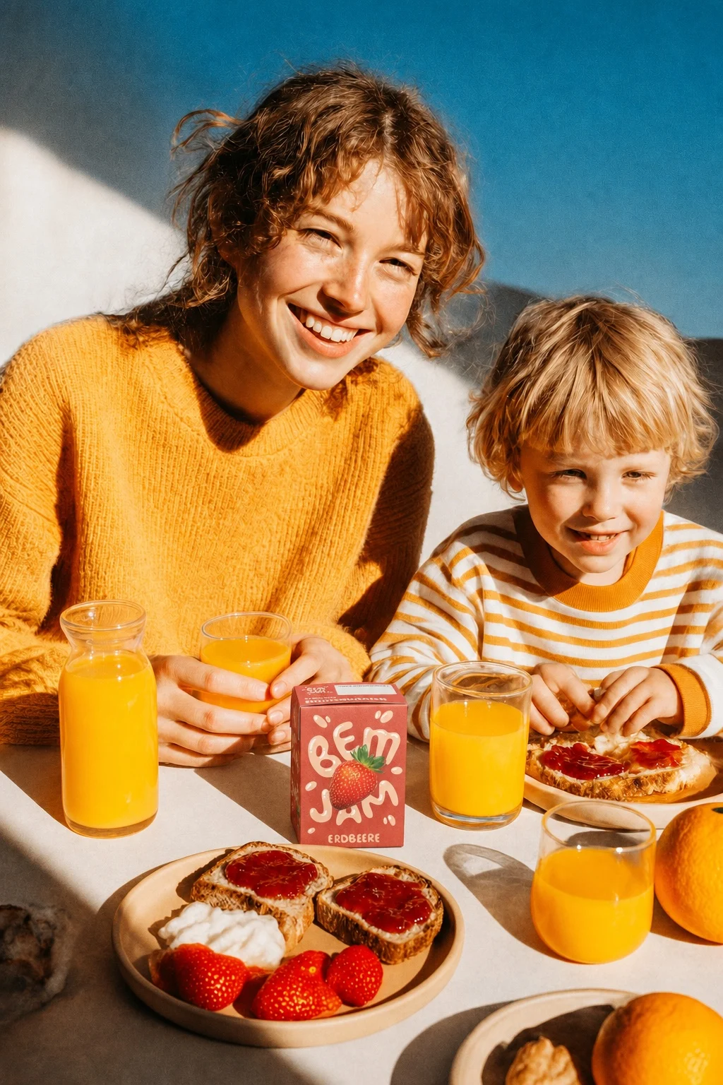 Mutter und Kind beim Frühstück mit Bem Jam